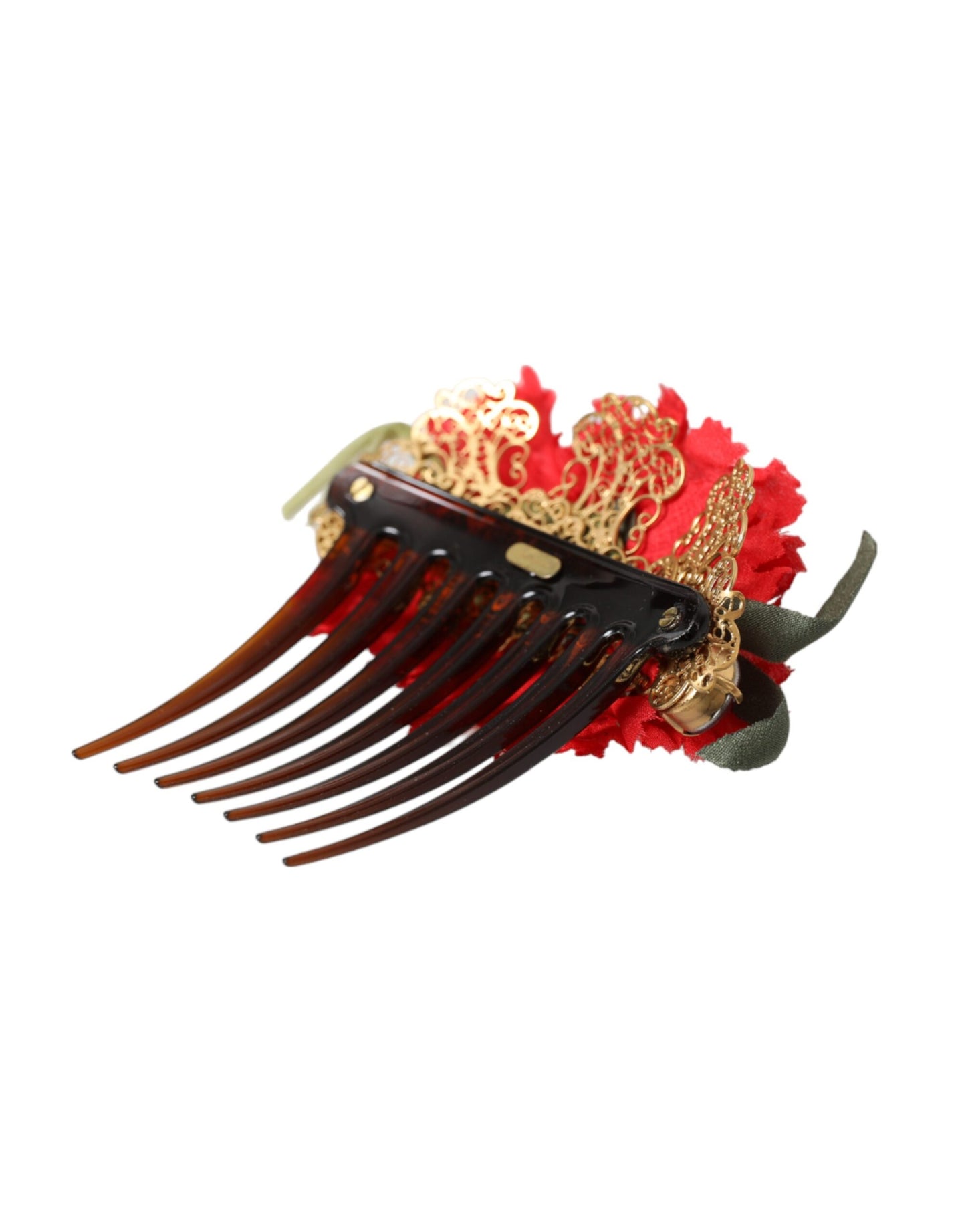 Peineta para el cabello de mujer de latón dorado con flores de seda roja