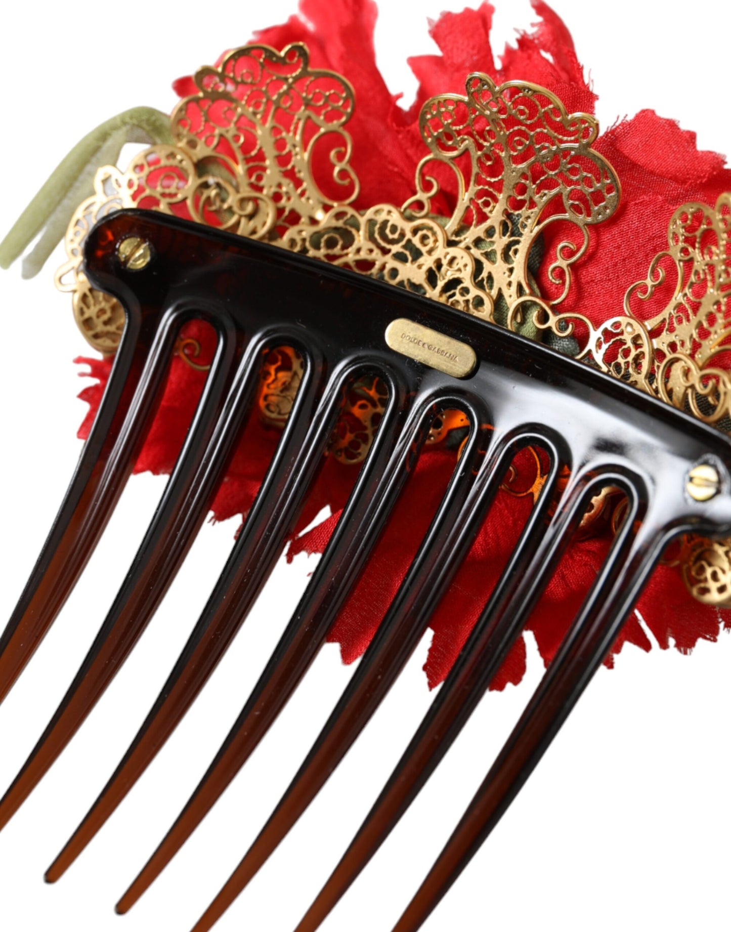 Peineta para el cabello de mujer de latón dorado con flores de seda roja
