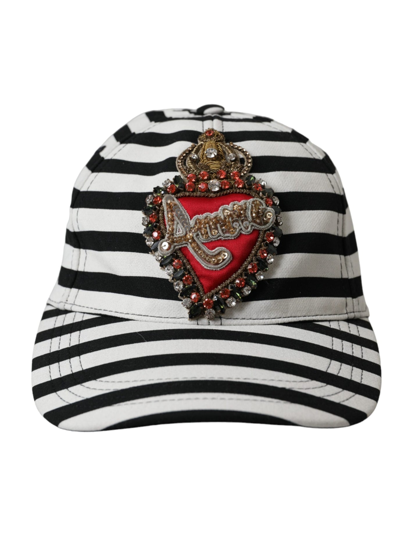 Gorra de béisbol con aplique de corazón Amore y rayas blancas y negras