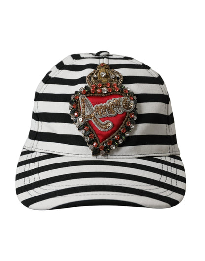 Gorra de béisbol con aplique de corazón Amore y rayas blancas y negras