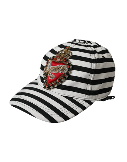 Gorra de béisbol con aplique de corazón Amore y rayas blancas y negras