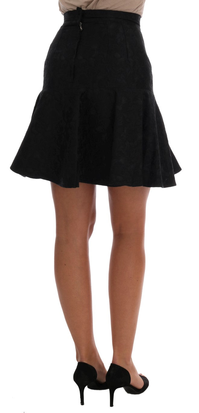 Elegante falda acampanada de jacquard floral negro