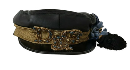 Gorra de violinista de cuero negro con cuentas de cristal y cinta dorada