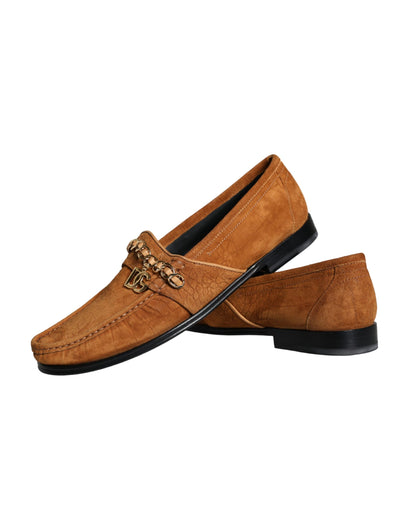 Mocasines sin cordones con logotipo de cuero y terciopelo marrón