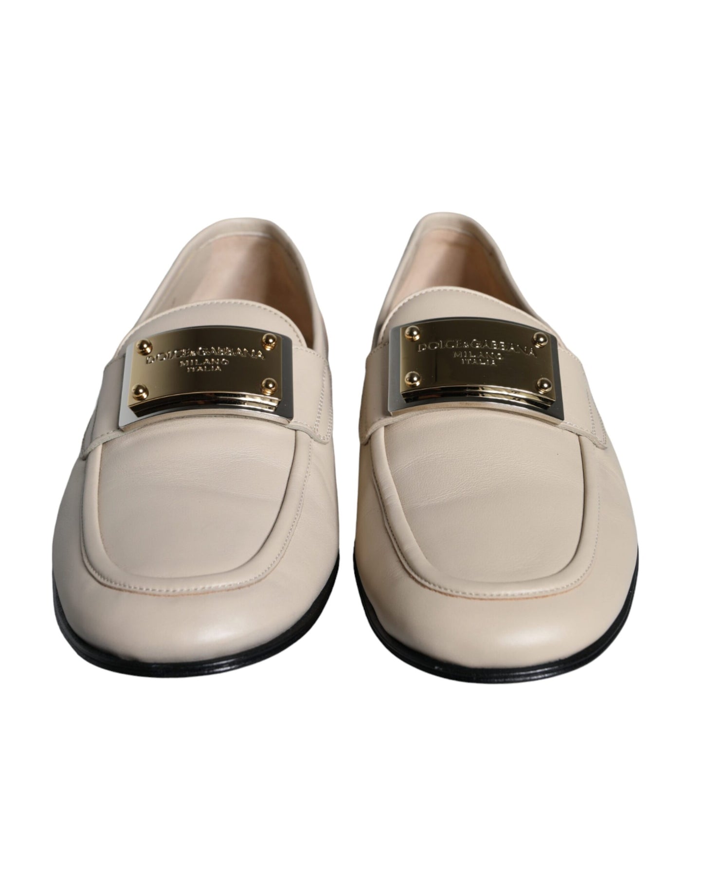 Mocasines de cuero beige con placa de logotipo para hombre
