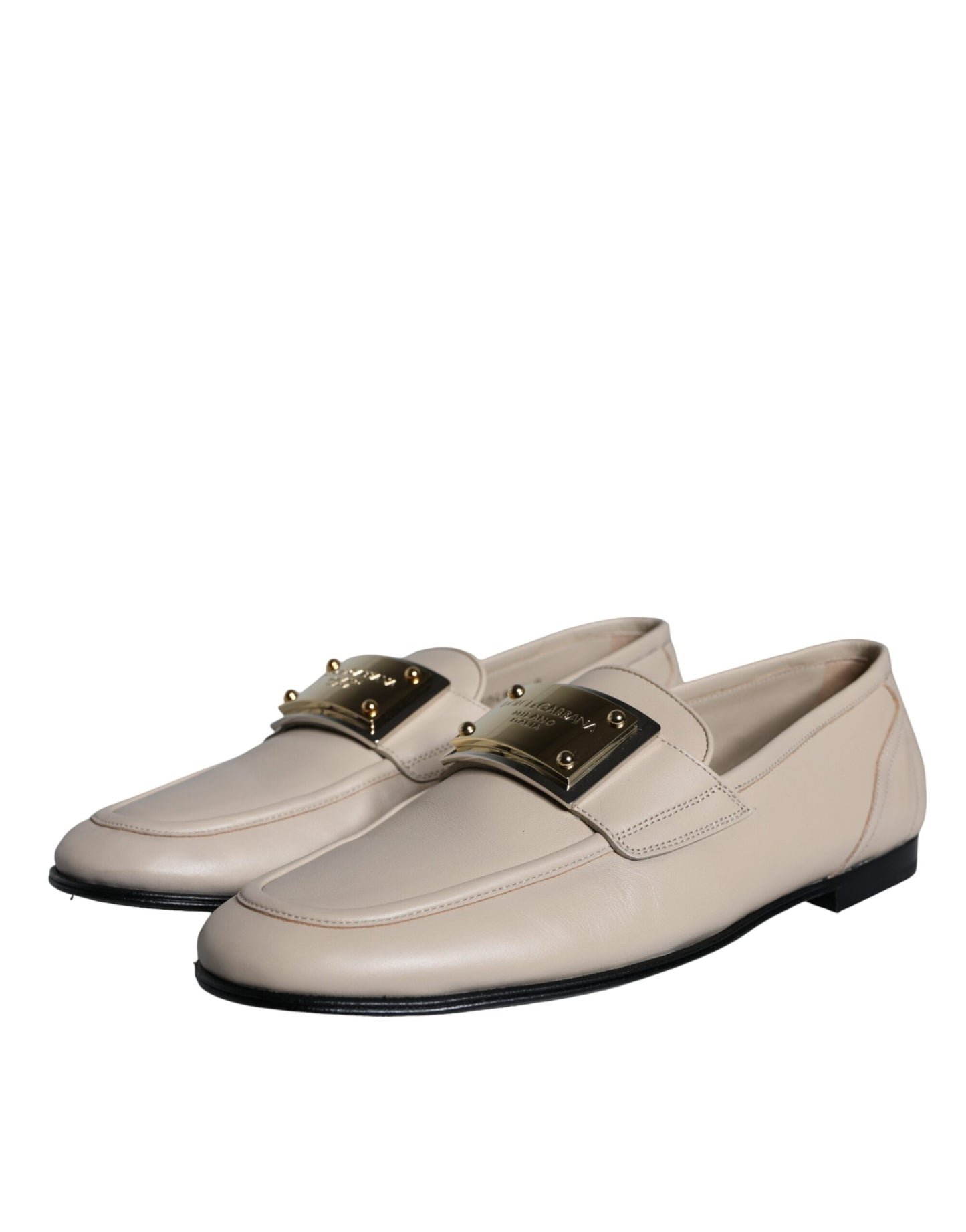 Mocasines de cuero beige con placa de logotipo para hombre