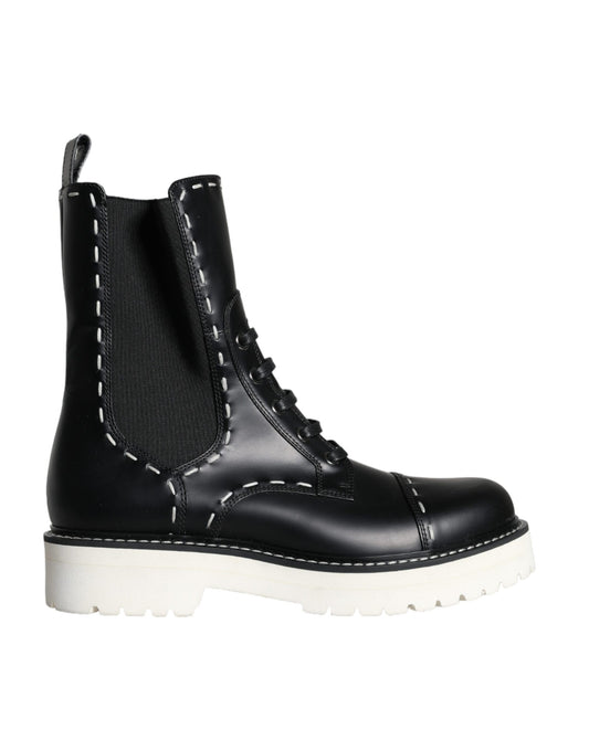 Botas de combate de cuero negro de media pantorrilla