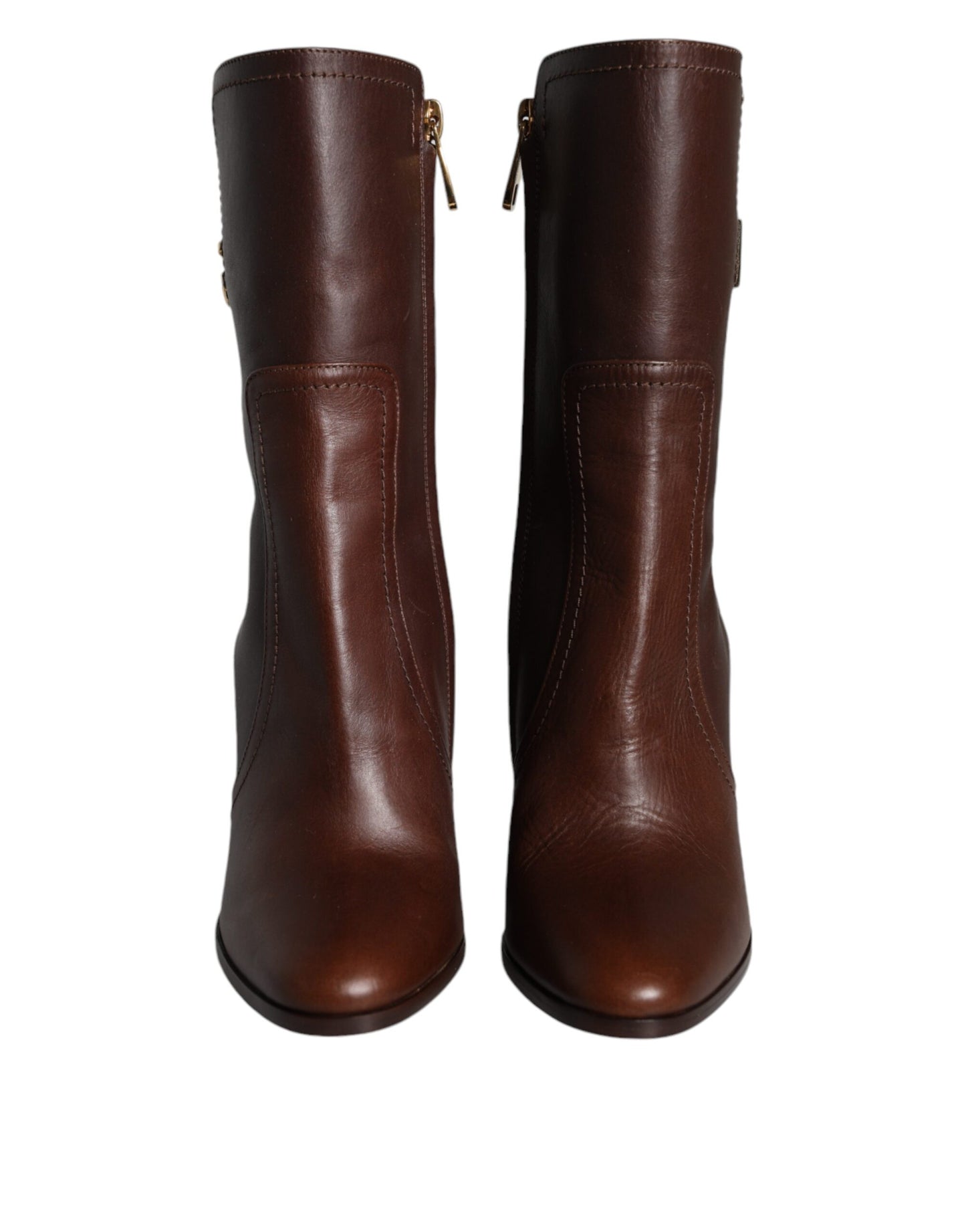 Botas de tacón de cuero marrón a media pantorrilla