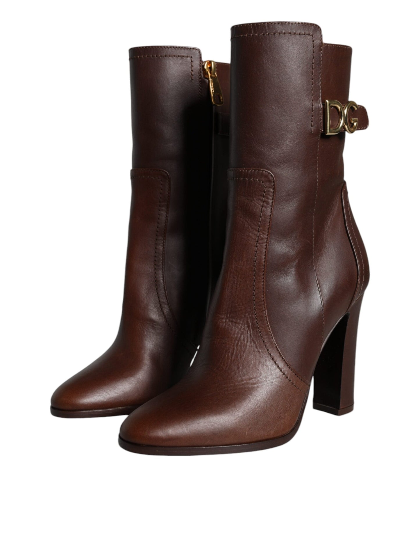 Botas de tacón de cuero marrón a media pantorrilla