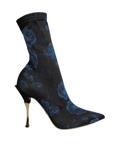 Botas negras de media pantorrilla elásticas con estampado floral
