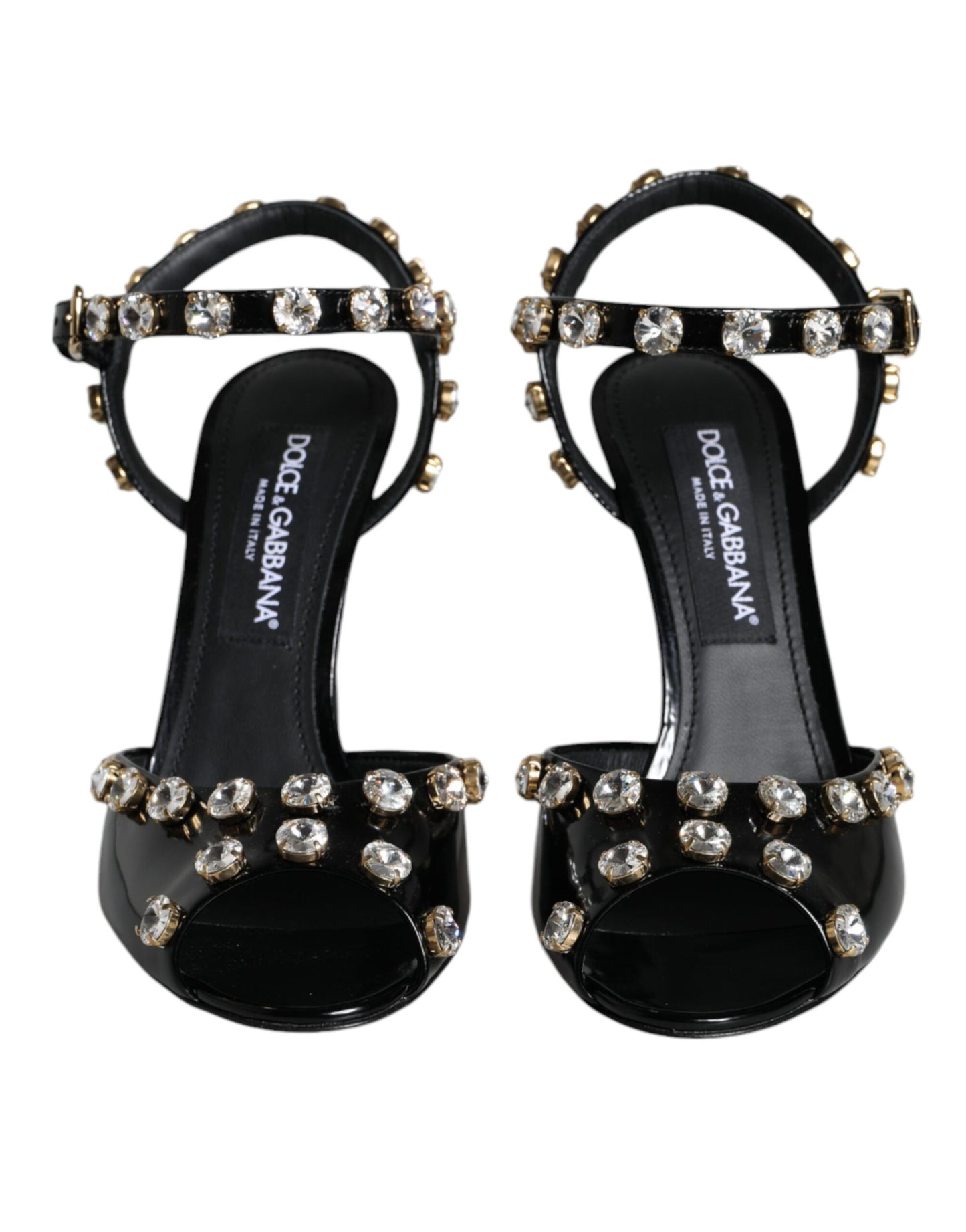 Sandalias de cuero negro con tiras de cristal en el tobillo