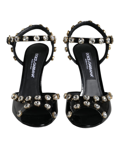 Sandalias de cuero negro con tiras de cristal en el tobillo