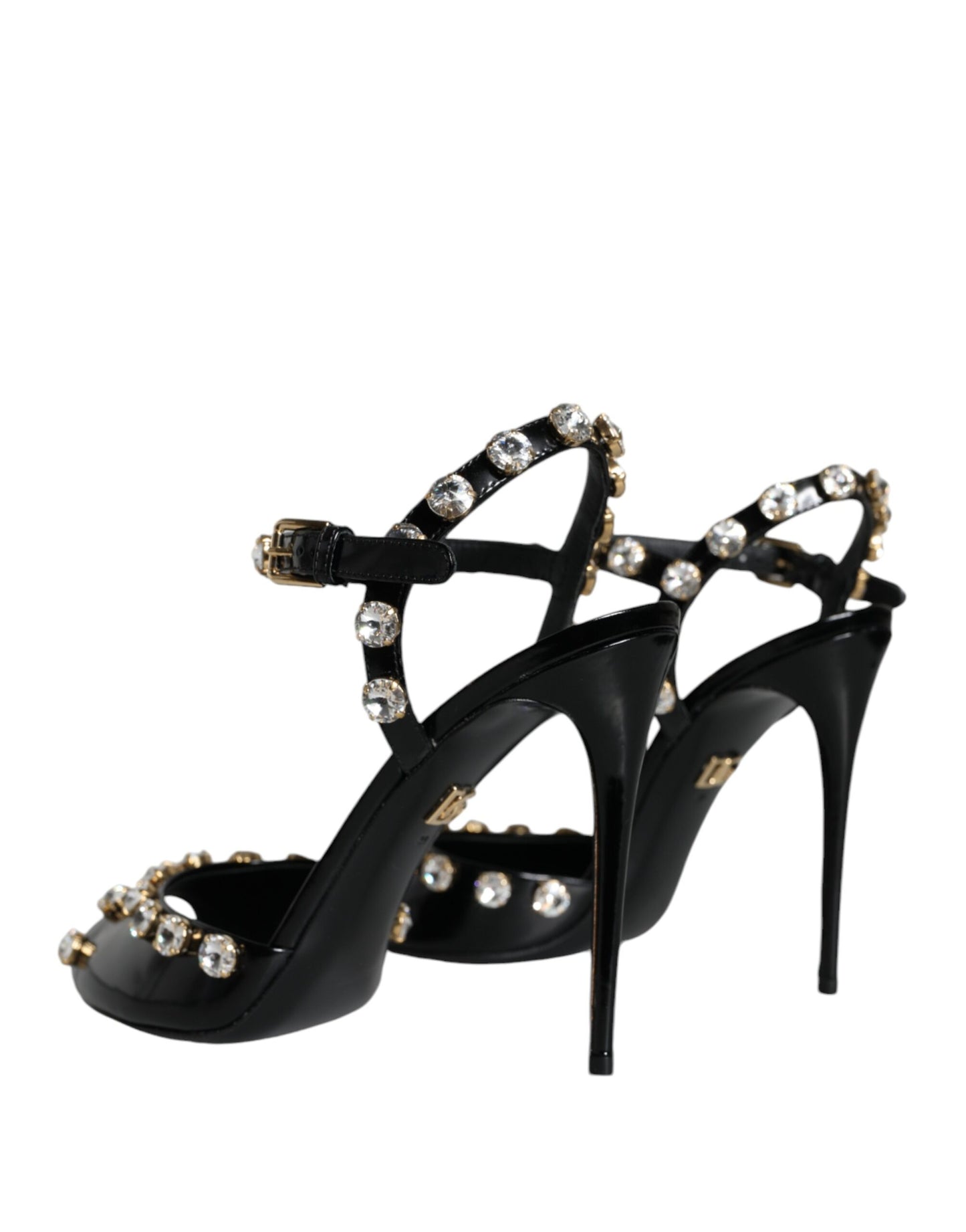 Sandalias de cuero negro con tiras de cristal en el tobillo