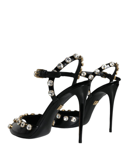 Sandalias de cuero negro con tiras de cristal en el tobillo