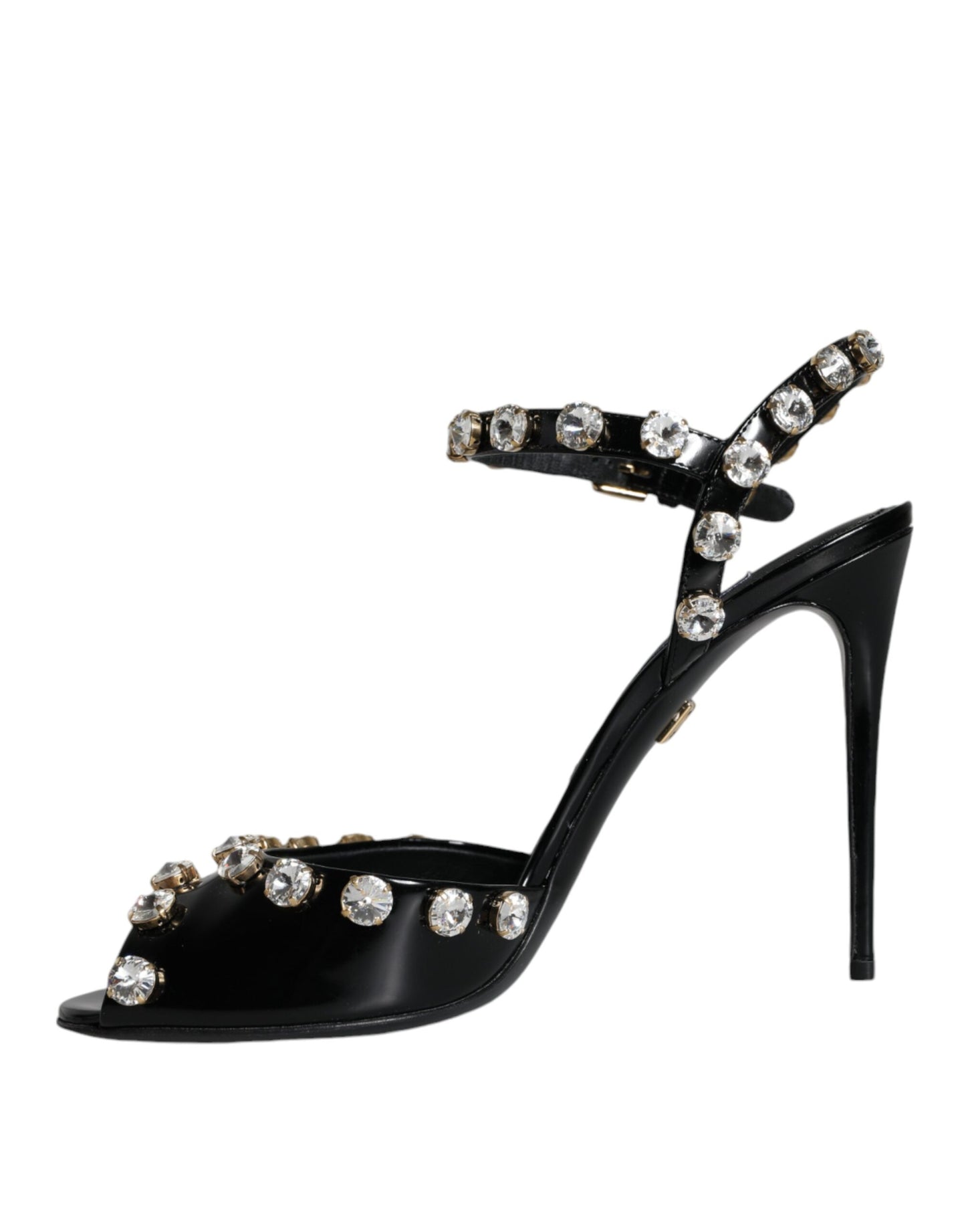 Sandalias de cuero negro con tiras de cristal en el tobillo