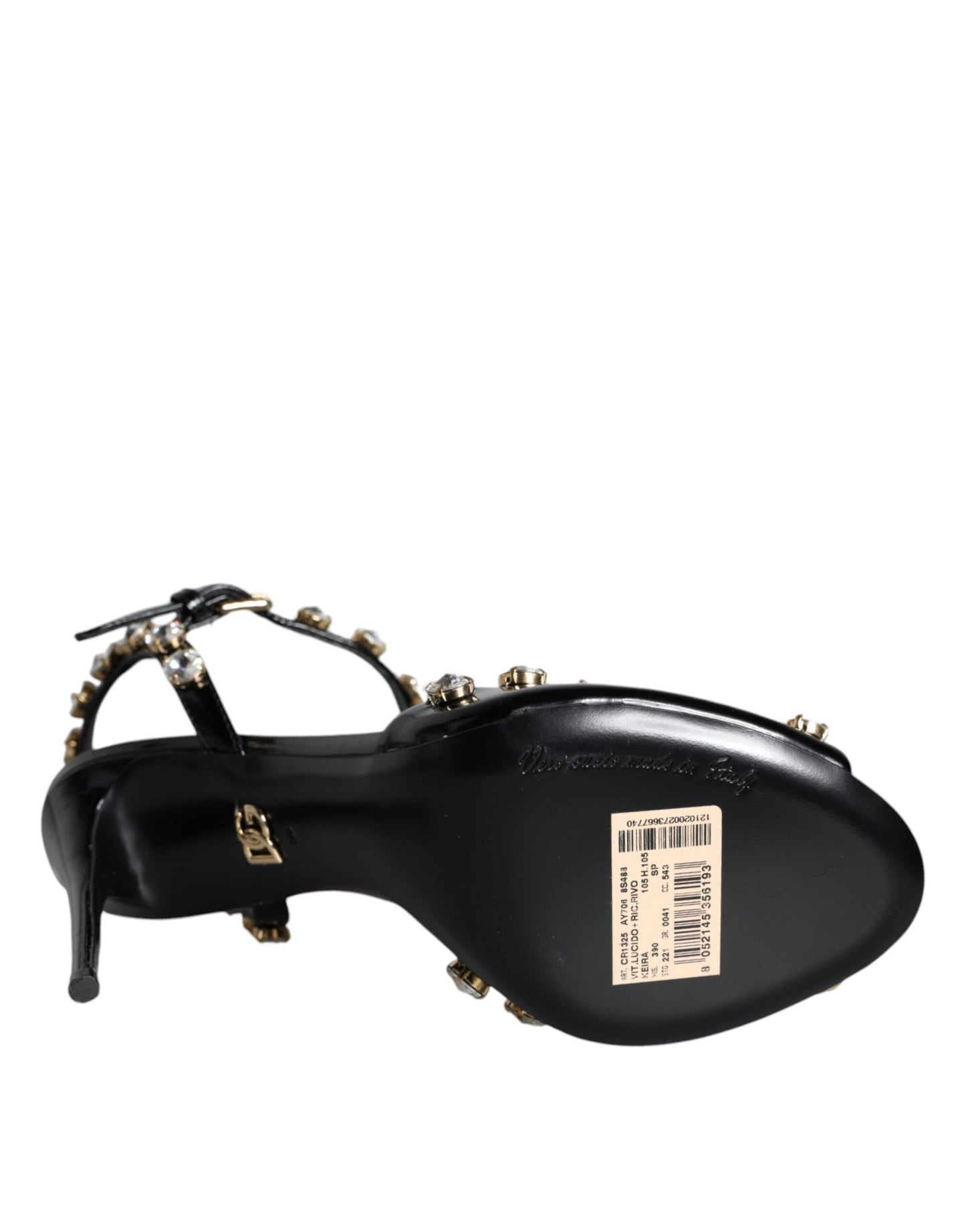 Sandalias de cuero negro con tiras de cristal en el tobillo