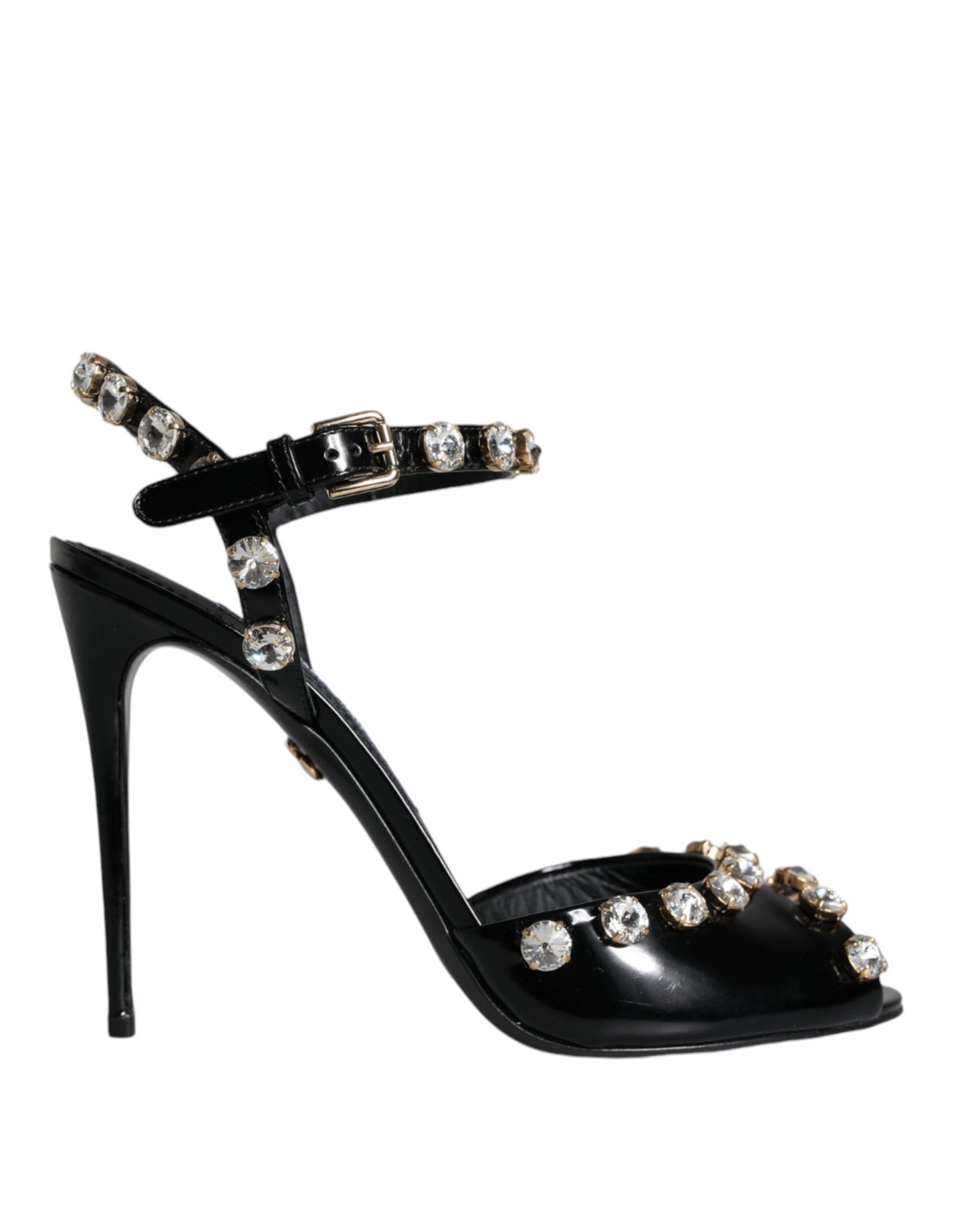 Sandalias de cuero negro con tiras de cristal en el tobillo