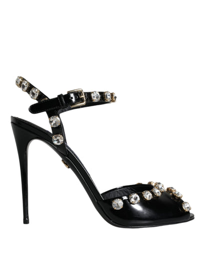 Sandalias de cuero negro con tiras de cristal en el tobillo