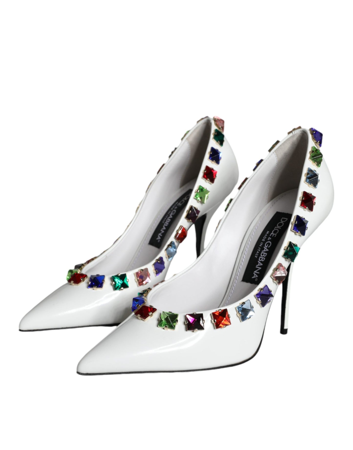 Zapatos de tacón alto de piel con cristales blancos