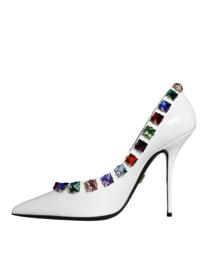 Zapatos de tacón alto de piel con cristales blancos