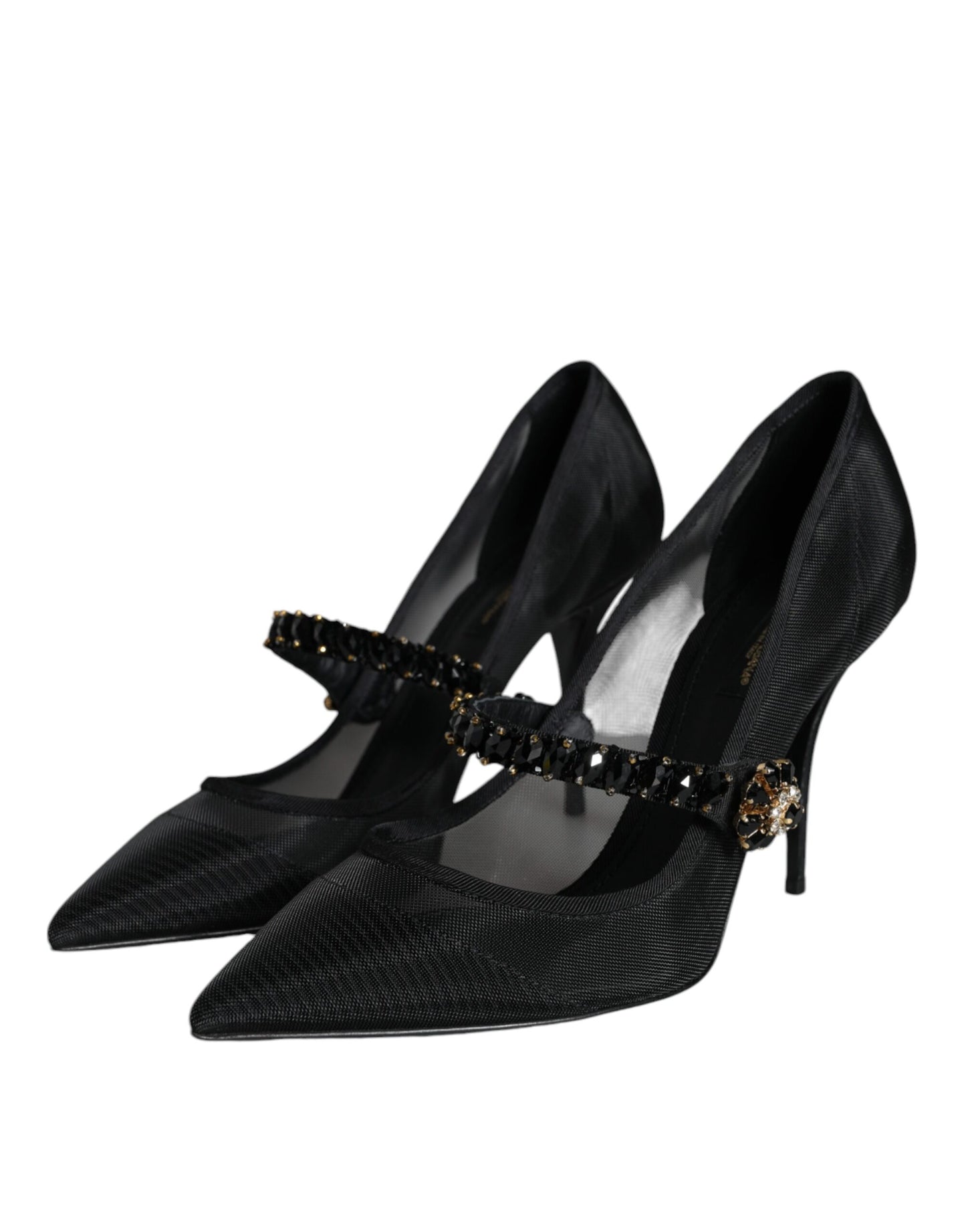Zapatos de tacón Mary Jane de malla negra con cristales