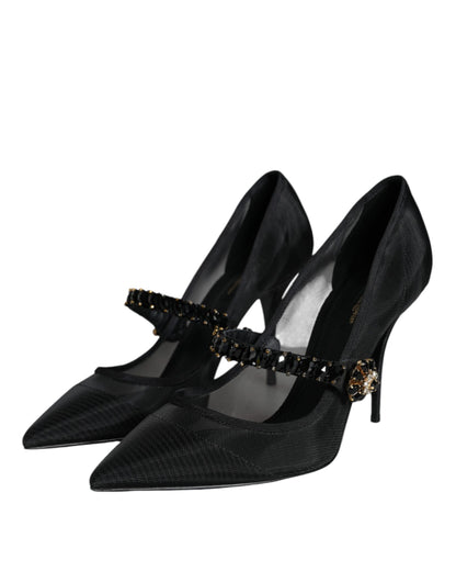Zapatos de tacón Mary Jane de malla negra con cristales