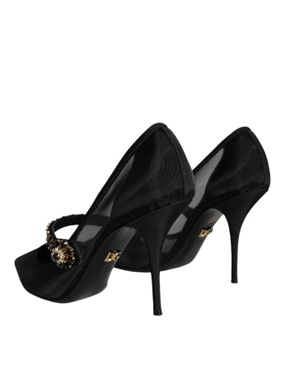 Zapatos de tacón Mary Jane de malla negra con cristales