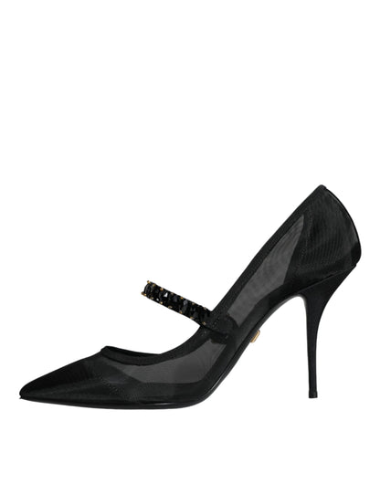 Zapatos de tacón Mary Jane de malla negra con cristales