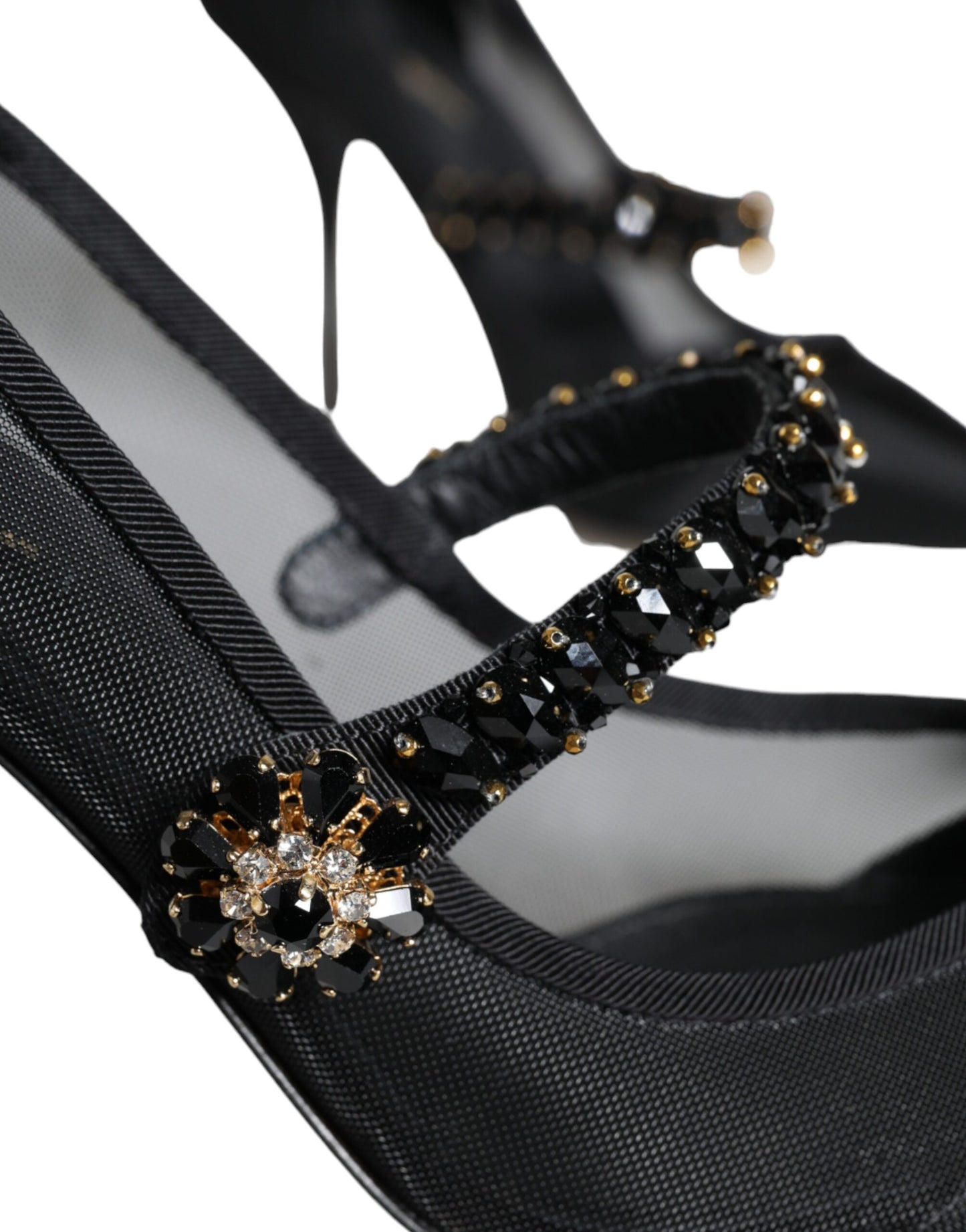 Zapatos de tacón Mary Jane de malla negra con cristales