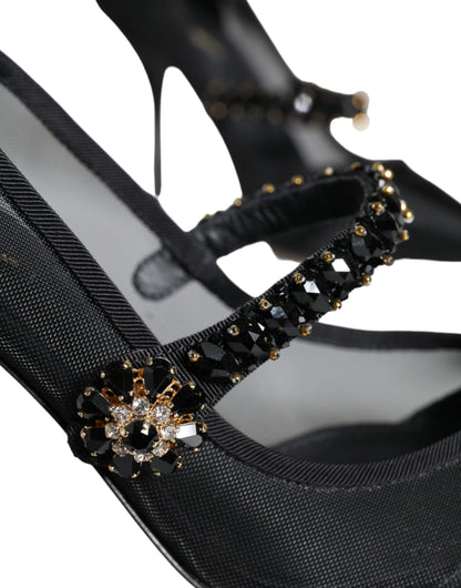Zapatos de tacón Mary Jane de malla negra con cristales