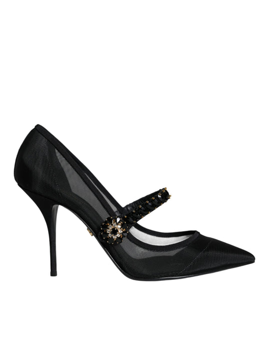 Zapatos de tacón Mary Jane de malla negra con cristales