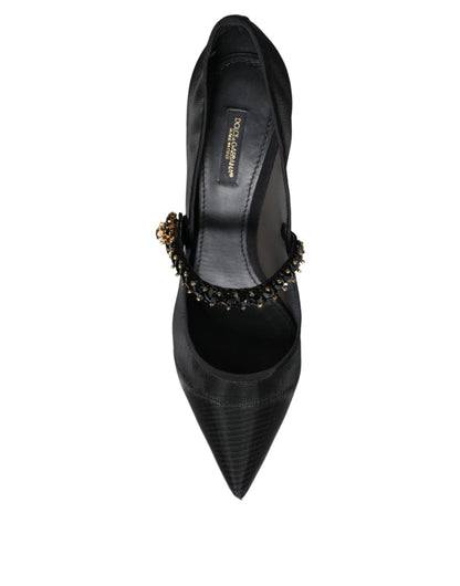 Zapatos de tacón Mary Jane de malla negra con cristales