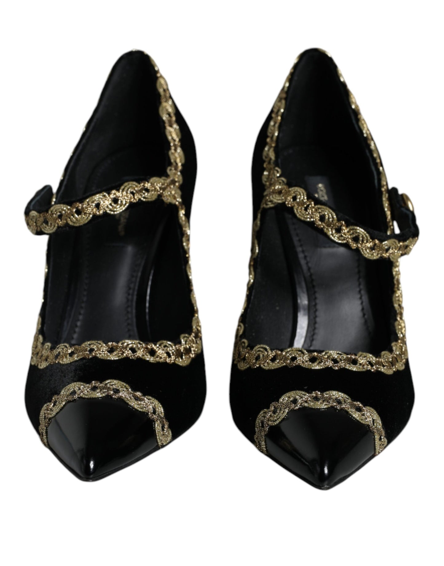Zapatos Mary Jane negros de terciopelo dorado