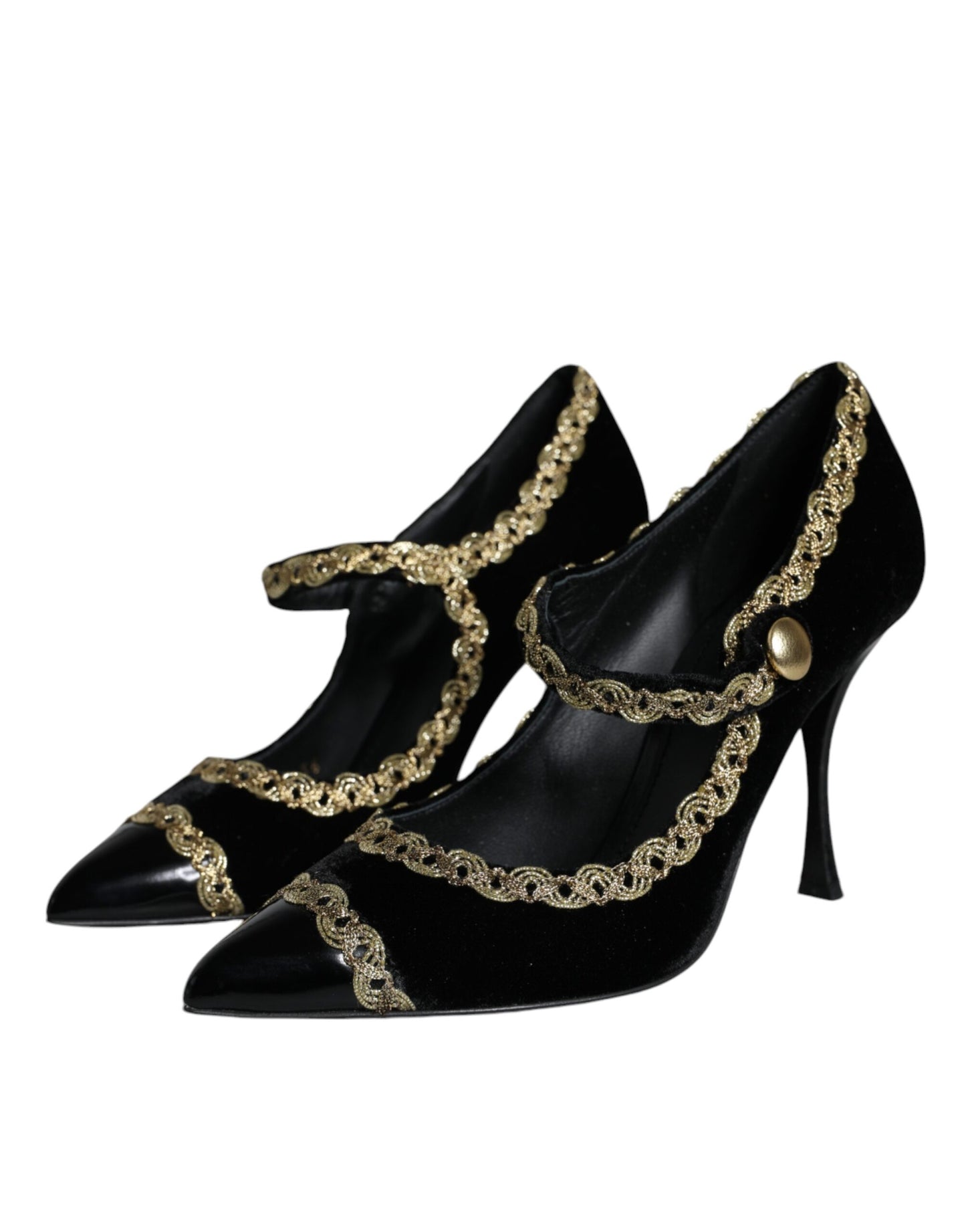 Zapatos Mary Jane negros de terciopelo dorado