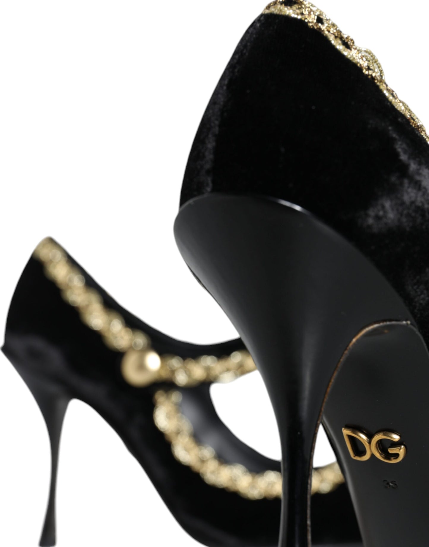 Zapatos Mary Jane negros de terciopelo dorado
