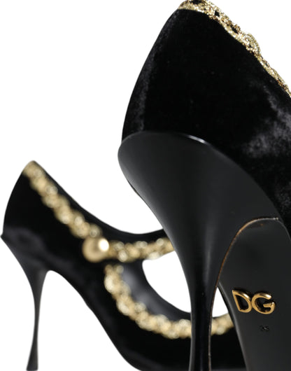 Zapatos Mary Jane negros de terciopelo dorado