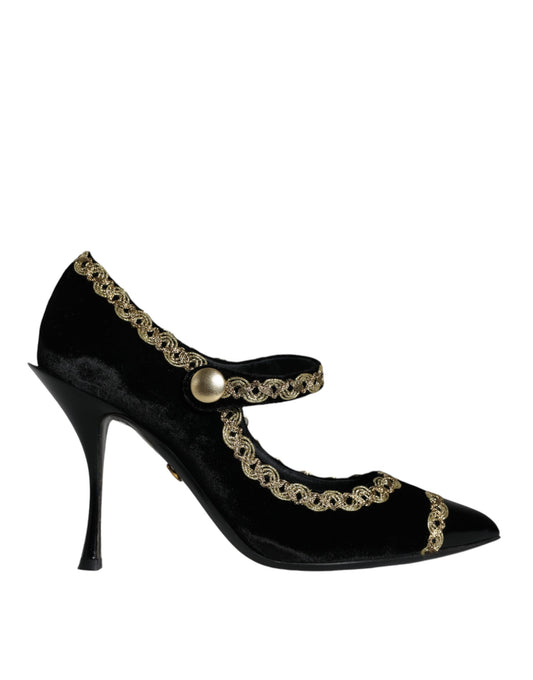 Zapatos Mary Jane negros de terciopelo dorado