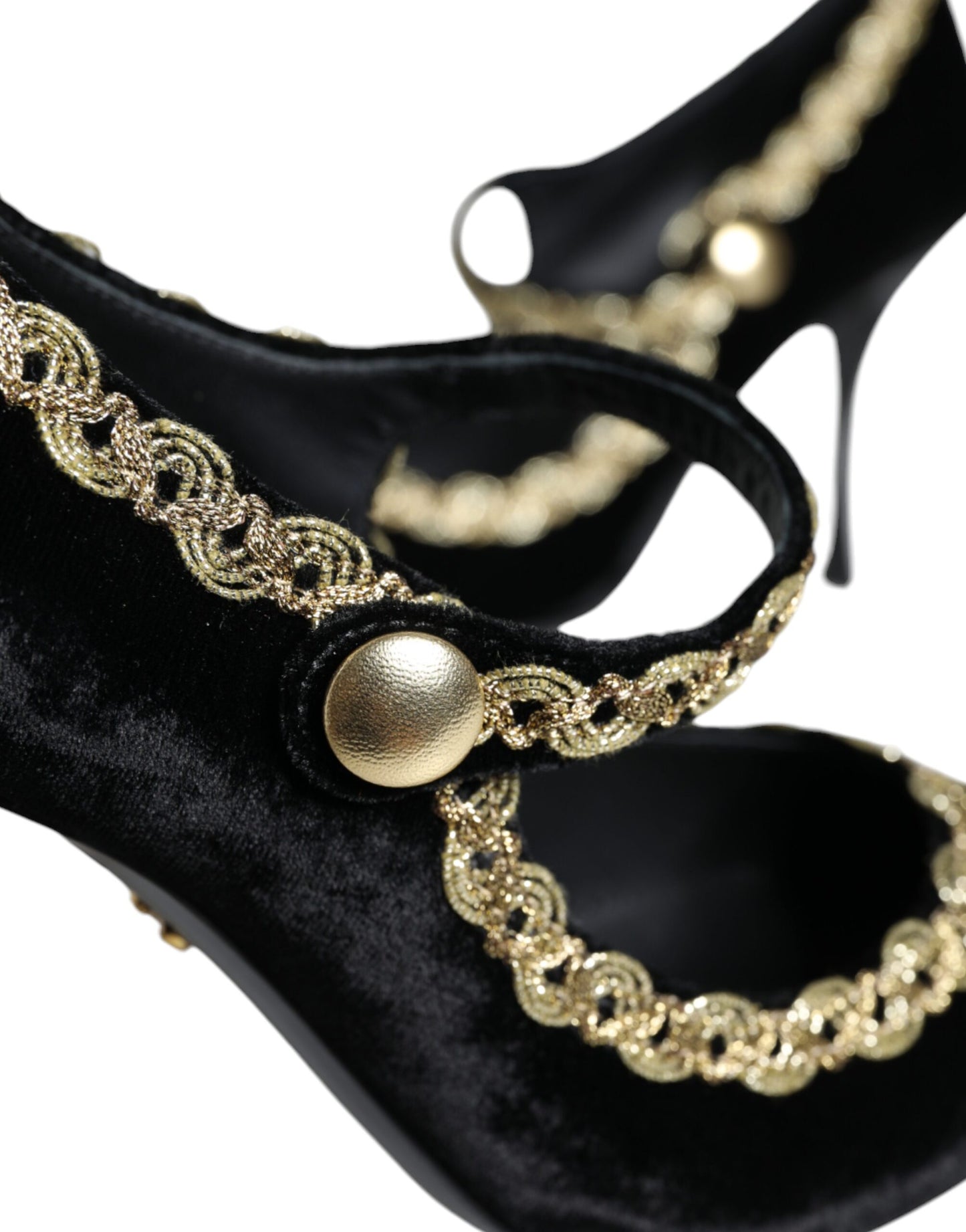 Zapatos Mary Jane negros de terciopelo dorado