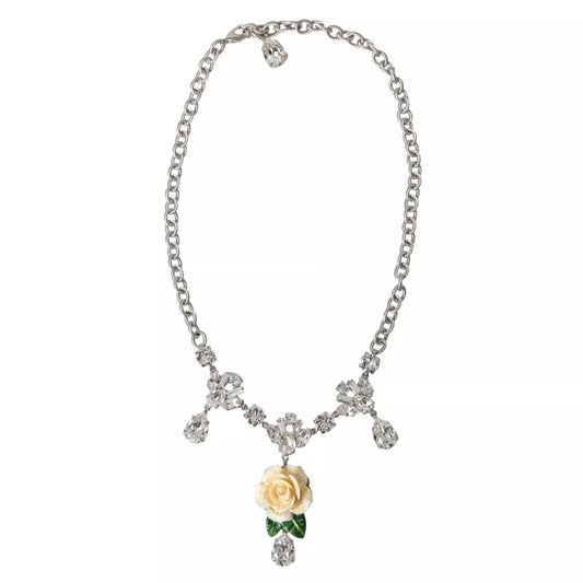 Collar con colgantes de rosas de cristal transparente de latón plateado