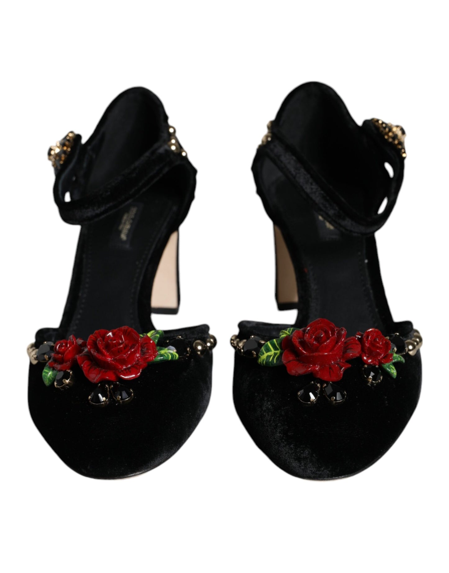 Zapatos de tacón con tiras al tobillo y rosas de terciopelo negro
