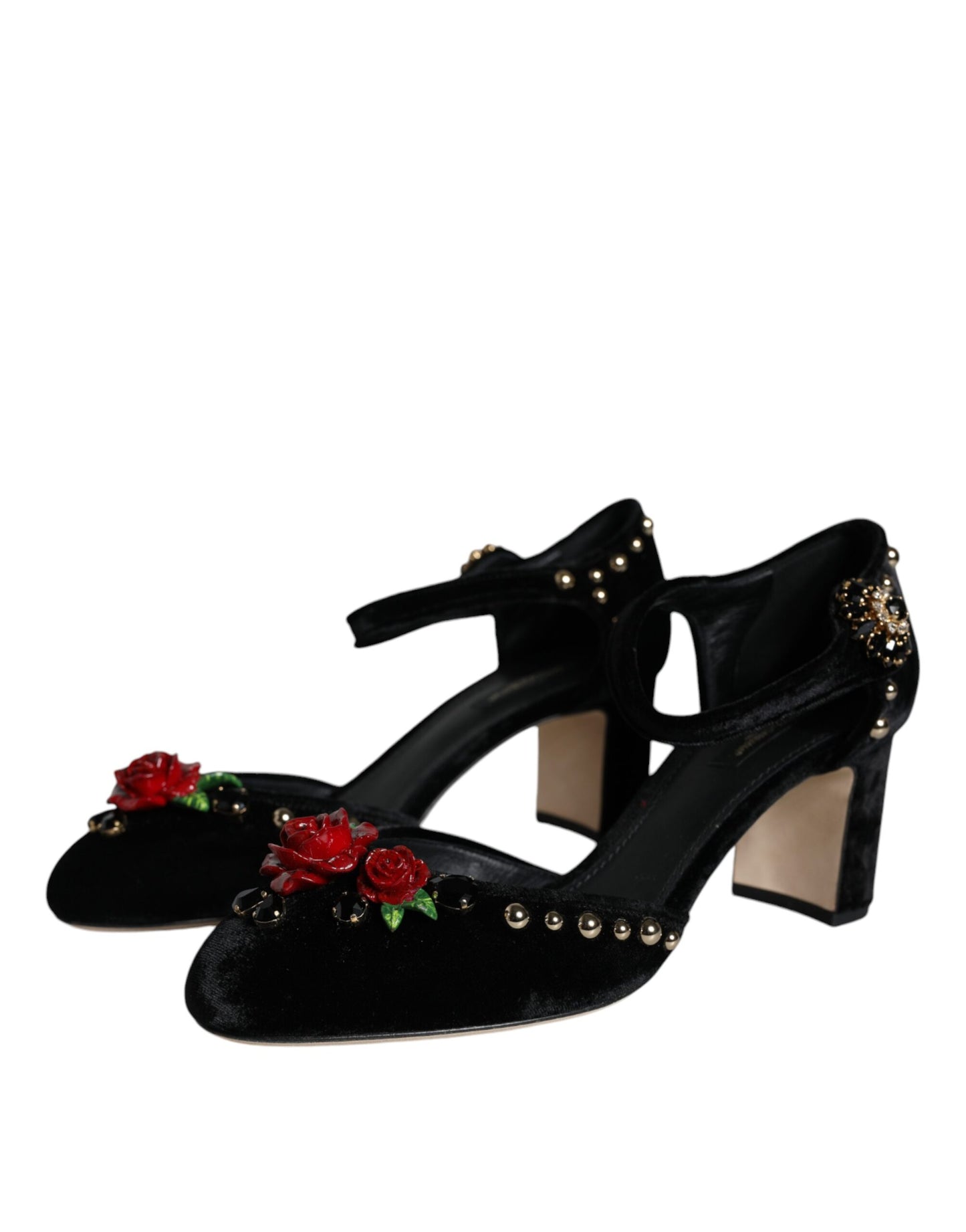 Zapatos de tacón con tiras al tobillo y rosas de terciopelo negro