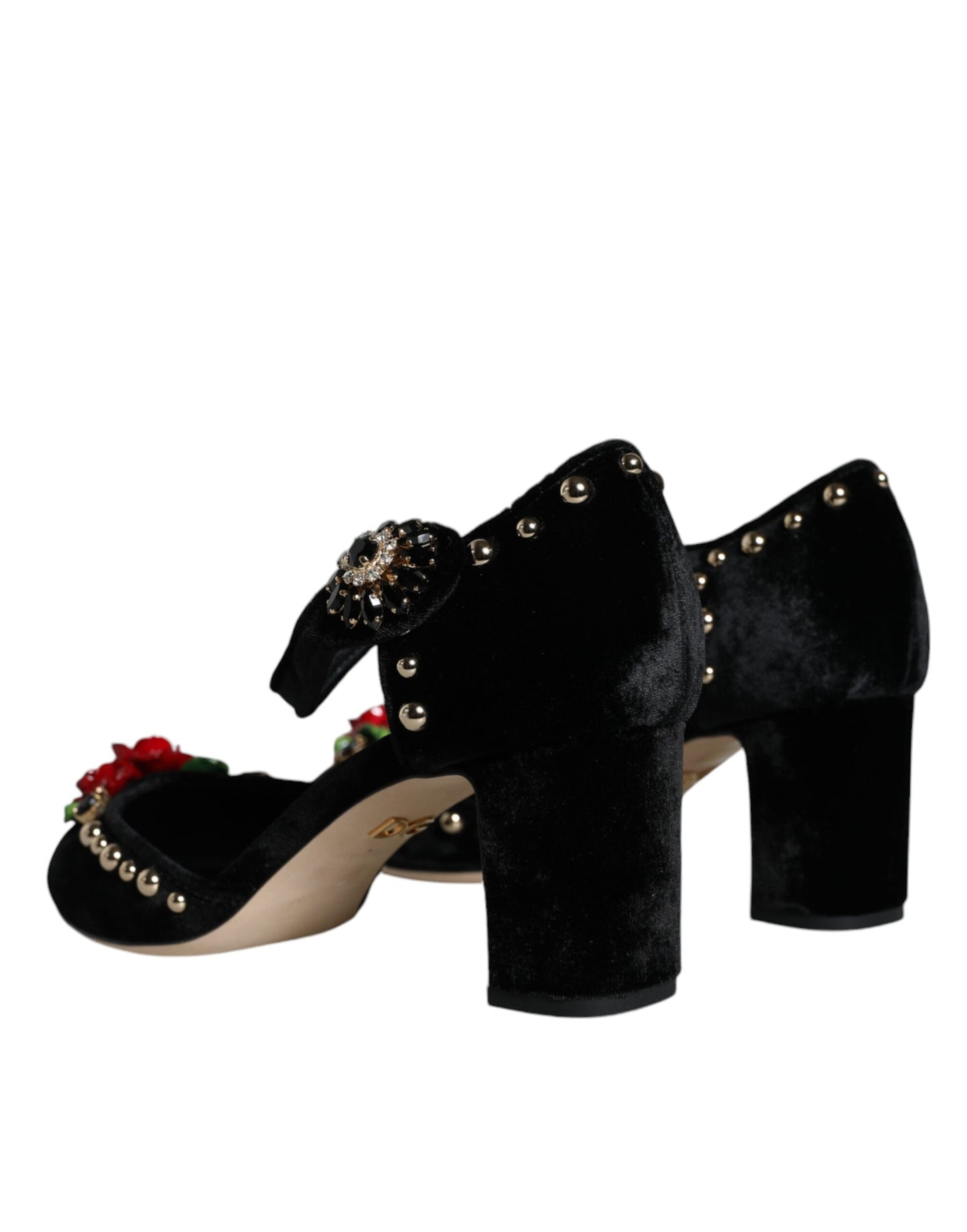 Zapatos de tacón con tiras al tobillo y rosas de terciopelo negro
