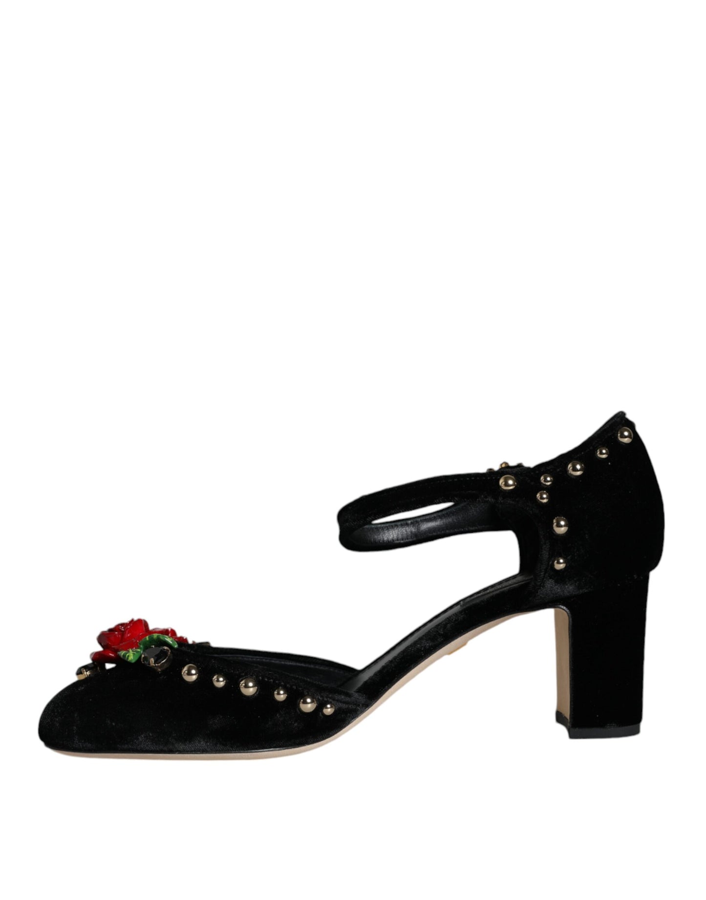 Zapatos de tacón con tiras al tobillo y rosas de terciopelo negro
