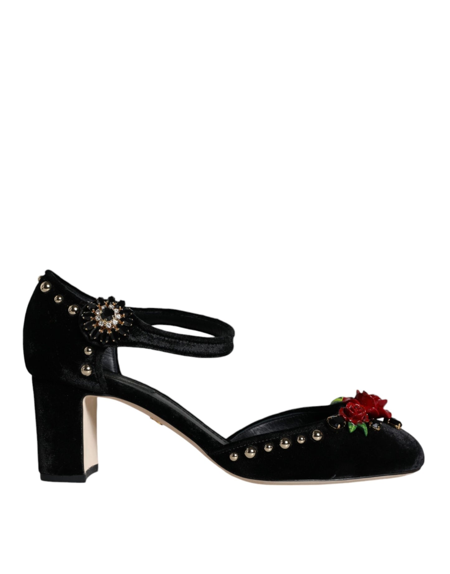 Zapatos de tacón con tiras al tobillo y rosas de terciopelo negro