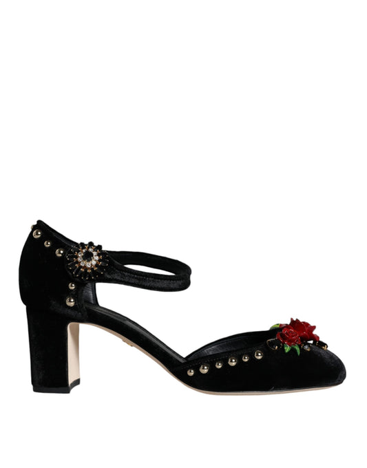 Zapatos de tacón con tiras al tobillo y rosas de terciopelo negro