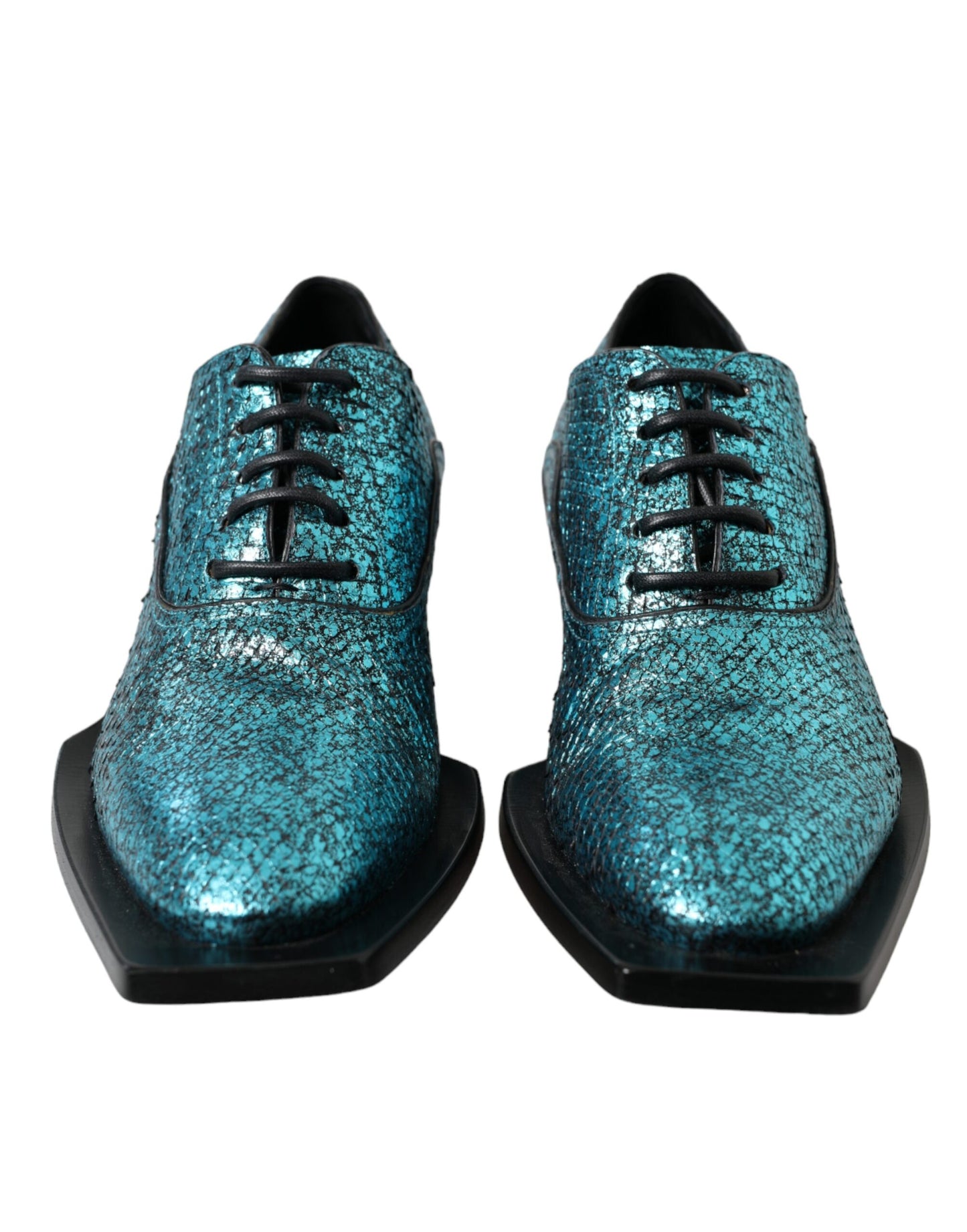 Zapatos de vestir Derby de cuero azul con tacón de bloque