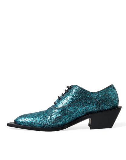 Zapatos de vestir Derby de cuero azul con tacón de bloque
