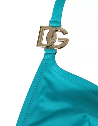 Top de bikini de playa con cuello halter azul y verde con el logotipo de DG