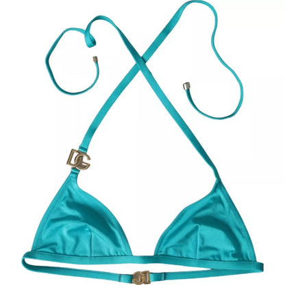Top de bikini de playa con cuello halter azul y verde con el logotipo de DG
