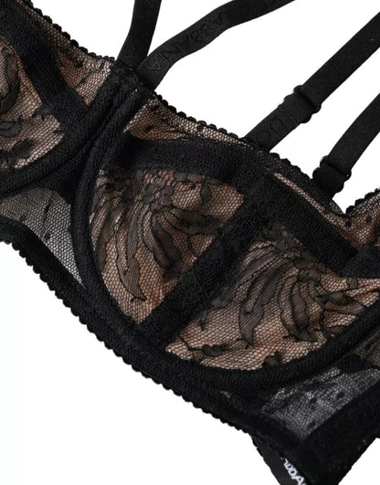 Sujetador balconcino de nailon con encaje floral negro